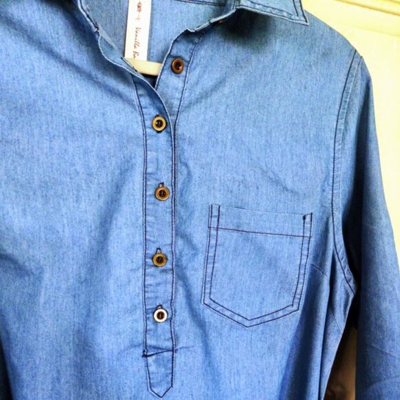 Vanilla Bay Chambray Denim 3/4 Sleeve Button Shirt Short Dress w/Scarf SZ LG EUC - Picture 4 of 11